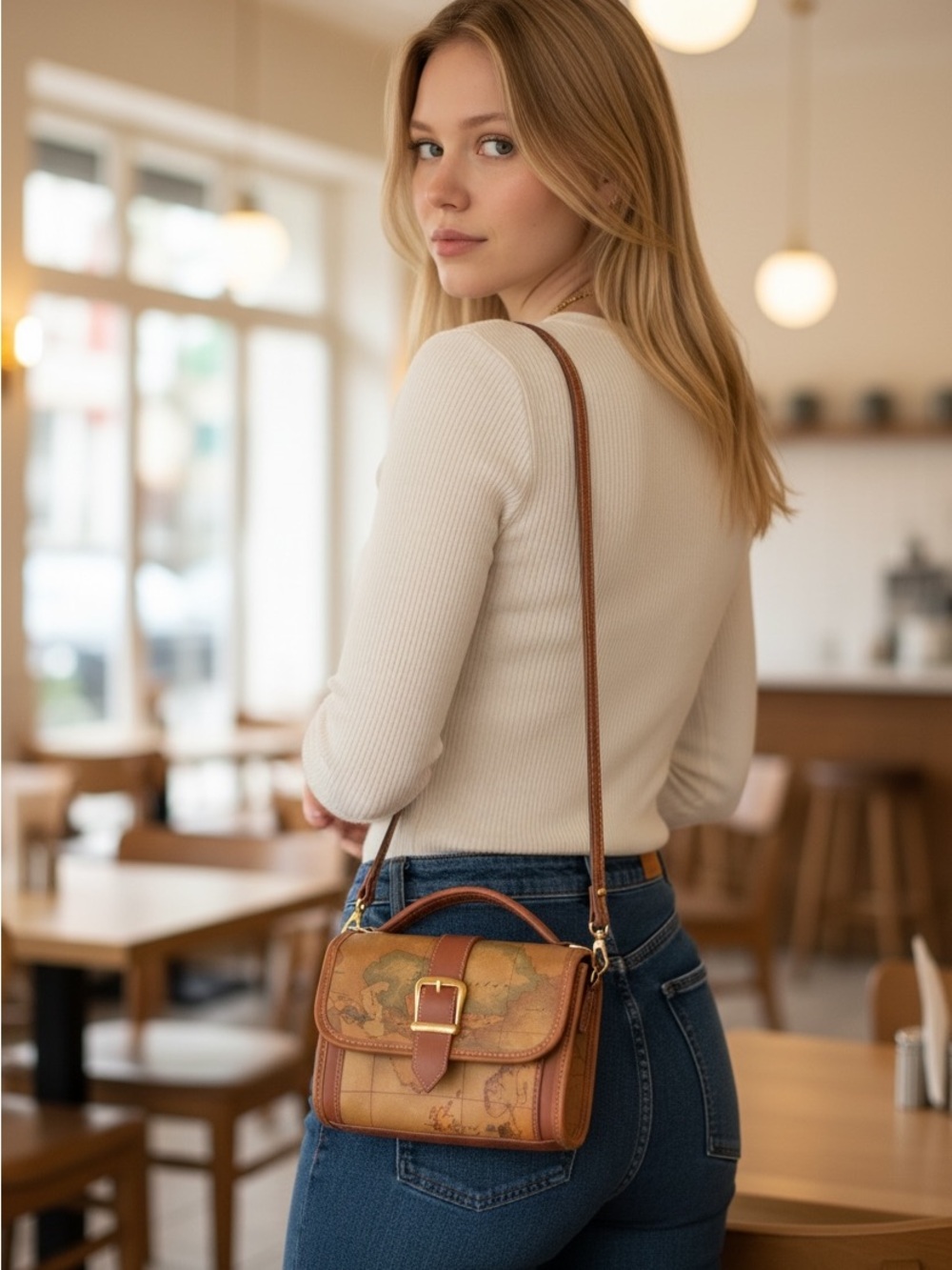Alviero Martini 1A Classe Geo Map Leather Satchel Removable Strap EUC